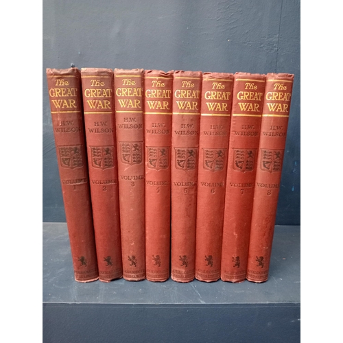 558 - Collection of eight leather bound volumes of the Great War {Each H 32cm x W 25cm x D 5cm }.