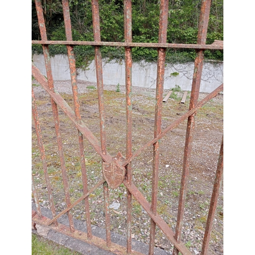 77 - Blacksmith forged wrought iron double sided railings with central crest {H 102cm x W 856cm x D 10cm}... 