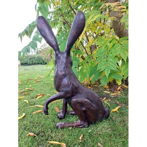 70 - Exceptional quality bronze sculpture of a hare { 61cm H x  36cm W x 19cm D}