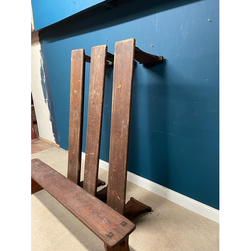 472 - Set of four pitch pine benches {each: 44cm H x 180cm L x 25cm D}