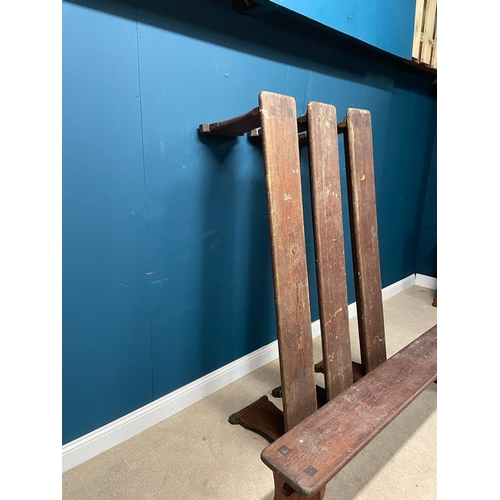 472 - Set of four pitch pine benches {each: 44cm H x 180cm L x 25cm D}