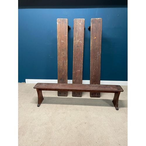 472 - Set of four pitch pine benches {each: 44cm H x 180cm L x 25cm D}