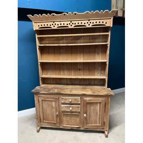 481 - 19th C. Irish pine kitchen dresser {206cm H x 144cm W x 52cm D}