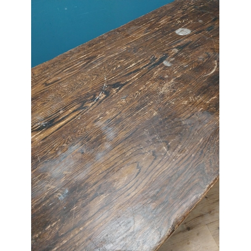 188A - Oak kitchen table raised on turned legs and single stretcher {77cm H x 218cm W x 85cm D}