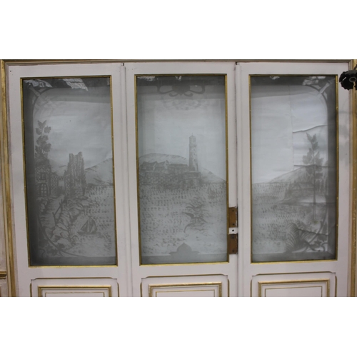 211 - Extremely rare French hand painted gilded gesso panelled room with etched glass panelled doors and o... 