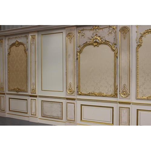 211 - Extremely rare French hand painted gilded gesso panelled room with etched glass panelled doors and o... 