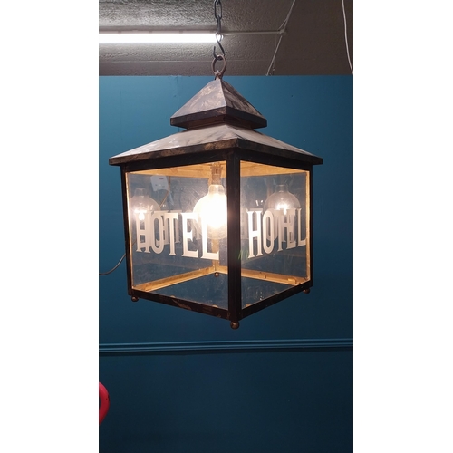 413 - Good quality brass etched glass lantern HOTEL {64 cm H x 40 cm W x 40 cm D}.