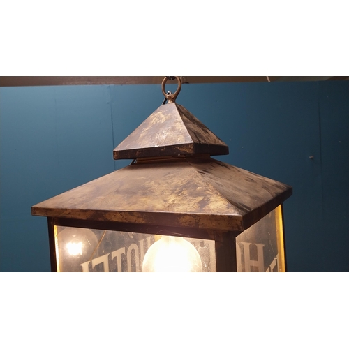 413 - Good quality brass etched glass lantern HOTEL {64 cm H x 40 cm W x 40 cm D}.