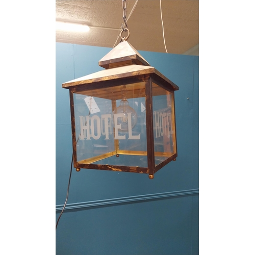 413 - Good quality brass etched glass lantern HOTEL {64 cm H x 40 cm W x 40 cm D}.