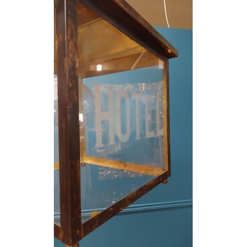 413 - Good quality brass etched glass lantern HOTEL {64 cm H x 40 cm W x 40 cm D}.