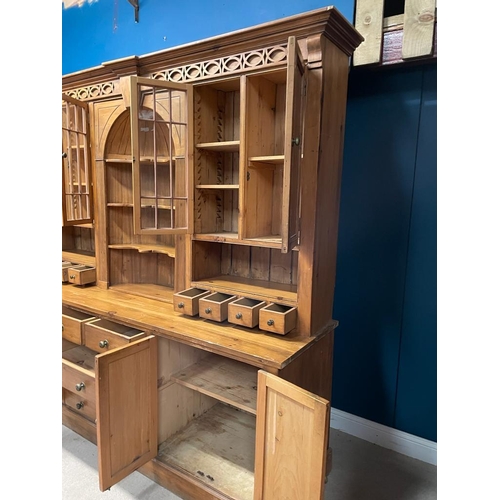 473 - Victorian style pine housekeepers cabinet {236cm H x 260cm W x 66cm D}