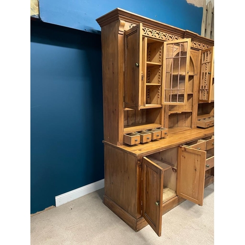 473 - Victorian style pine housekeepers cabinet {236cm H x 260cm W x 66cm D}