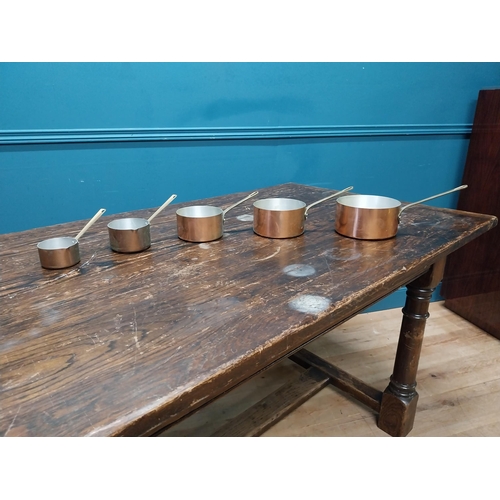 525A - Set of five copper and brass saucepans {Smallest 10cm H x 18cm W x 9cm D and Largest 14cm H x 31cm W... 