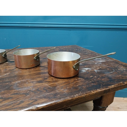 525A - Set of five copper and brass saucepans {Smallest 10cm H x 18cm W x 9cm D and Largest 14cm H x 31cm W... 