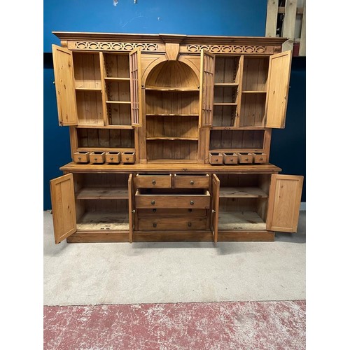 473 - Victorian style pine housekeepers cabinet {236cm H x 260cm W x 66cm D}