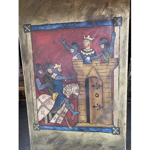 423 - Hand painted wooden panel Knight scenes featured in Brave Heart Film {260 cm H x 153 cm W}.