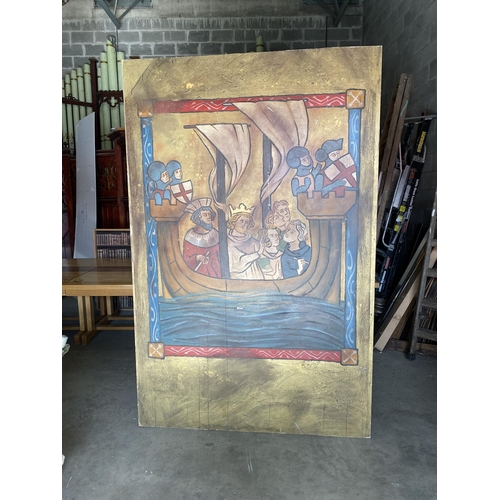 424 - Hand painted wooden panel Knight scenes featured in Brave Heart Film {238 cm H x 153 cm W}.