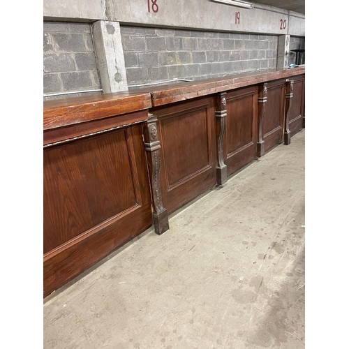 140A - Good quality mahogany bar counter with decorative carved corbels {118cm H x 1158cm W x 200cm D}