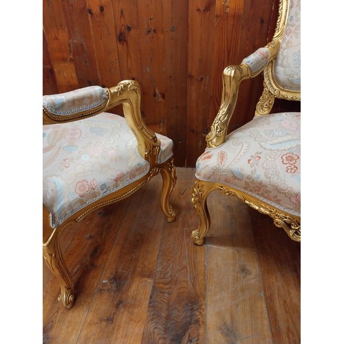 133 - Good quality French decorative gilt and upholstered armchairs {112 cm H x 68 cm W x 66 cm D}.