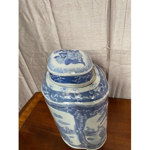 100A - Blue and white Chinese lidded jar. {37 cm H x 25 cm Dia.}. Lid has some damage.