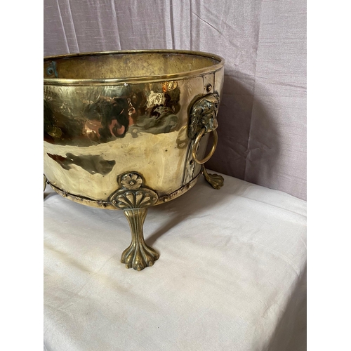 169A - Decorative brass log bucket raised on claw feet. {30 cm H x 47 cm W x 37 cm D}.