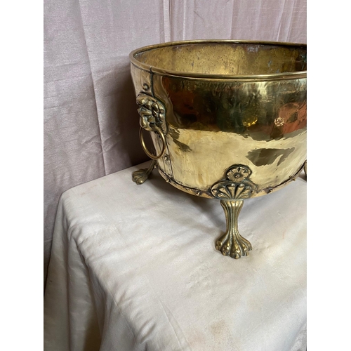 169A - Decorative brass log bucket raised on claw feet. {30 cm H x 47 cm W x 37 cm D}.