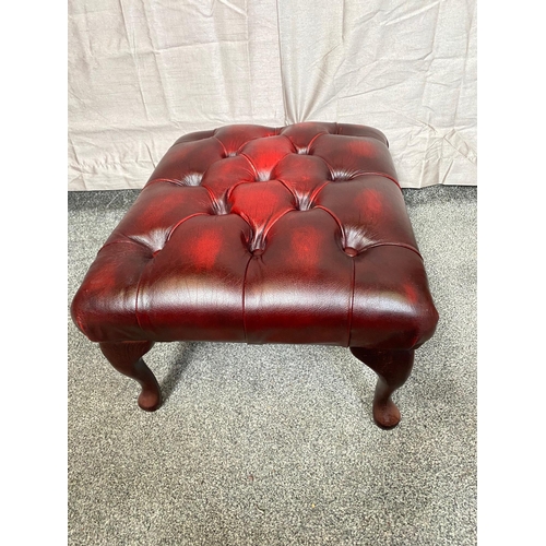 362A - Deep buttoned red leather upholstered Chesterfield stool on cabriole legs. {32 cm H x 61 cm W x 49 c... 