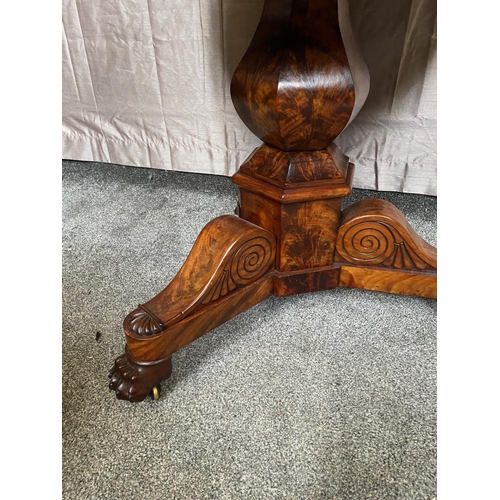 398A - William IV marble topped mahogany table on three outswept lion's paw feet. {72 cm H x 82 cm Dia.}.