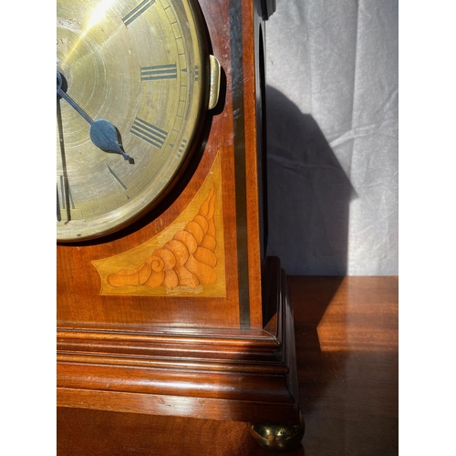 46A - Inlaid mahogany bracket clock with silvered dial by Johnston Glasgow in working order. {41cm H}.