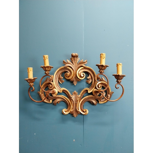 658A - Pair of good quality giltwood wall lights with scroll decoration. {41 cm H x 59 cm W x 11 cm D}.