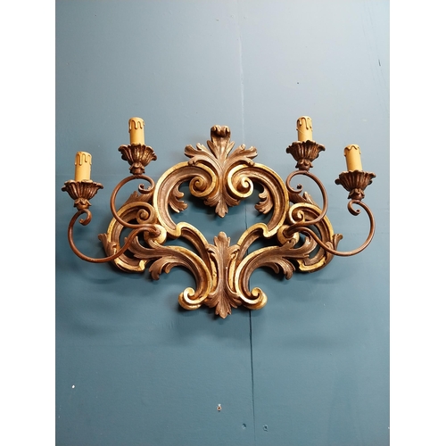 658A - Pair of good quality giltwood wall lights with scroll decoration. {41 cm H x 59 cm W x 11 cm D}.