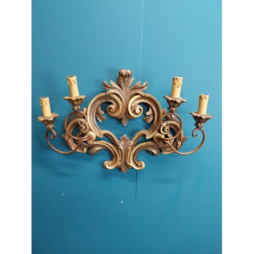 658A - Pair of good quality giltwood wall lights with scroll decoration. {41 cm H x 59 cm W x 11 cm D}.