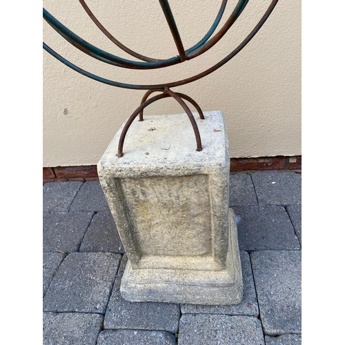 72A - Metal armillary sundial on square stone base. {86 cm H}.