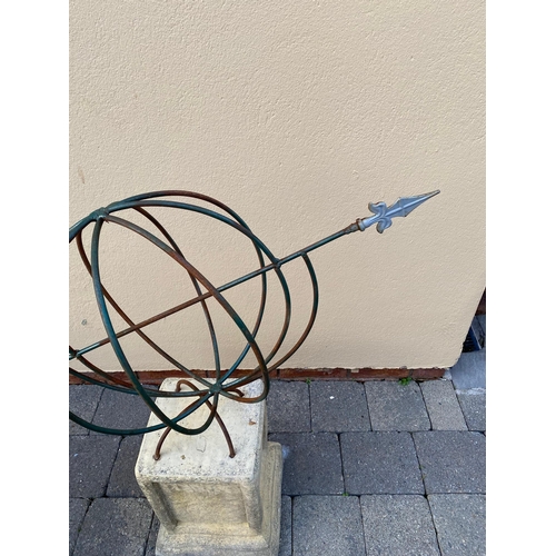 72A - Metal armillary sundial on square stone base. {86 cm H}.