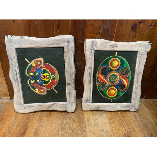 1377 - Set of two unusual Oil on canvases mounted in wooden frames {66 cm H x 53 cm W}.