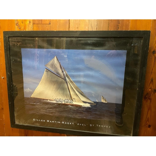 1381 - Gilles Martin - Raget 'Avel' St. Tropez yacht framed coloured print {66 cm H x 86 cm W}.