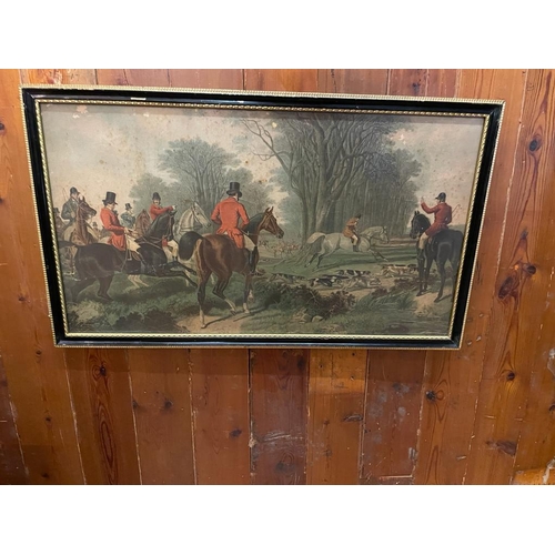 1386 - Hunting scene framed coloured print {45 cm H x 75 cm W}.