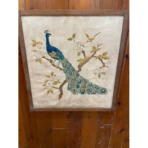 1388 - Embroidered Peacock framed picture {63 cm H x 60 cm W}.