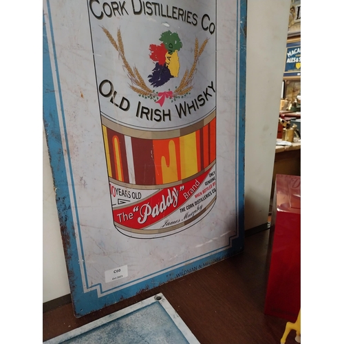 1 - Paddy Old Irish Whiskey tin plate advertising sign. {100 cm H x 36 cm W}.