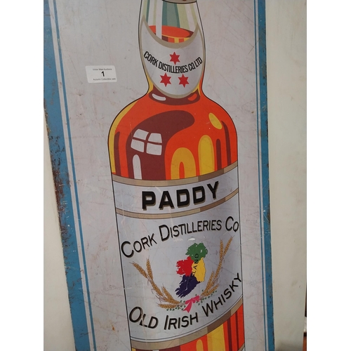 1 - Paddy Old Irish Whiskey tin plate advertising sign. {100 cm H x 36 cm W}.