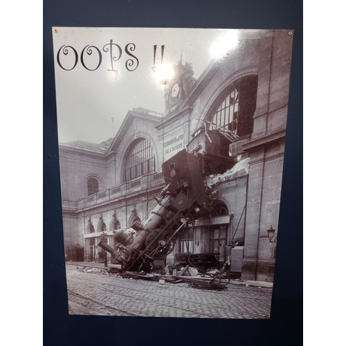 1131 - Tin plate Oops train sign  {H 80cm x W 60cm }.