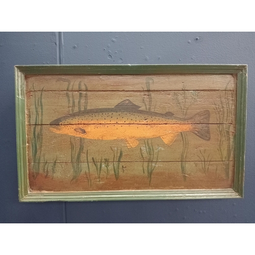 1132 - Trout handpainted on board {H 45cm x W 77cm x D 6cm }.