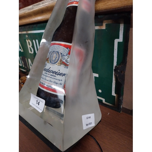 14 - Budweiser Lager Perspex counter light up box. {28 cm H x 15 cm W x 15 cm D}.