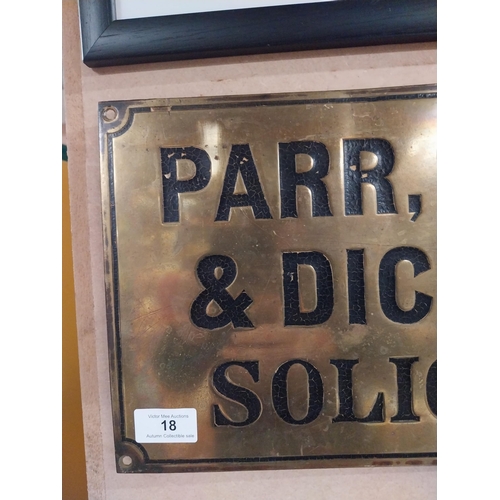 18 - Late 20th C. Parr, Sadler and Dickinson's Solicitors brass wall plaque. {23 cm H x 44 cm}