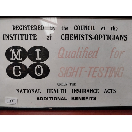 51 - Institute of Chemists/Opticians NHS framed showcard. {29 cm H x 35 cm W}.