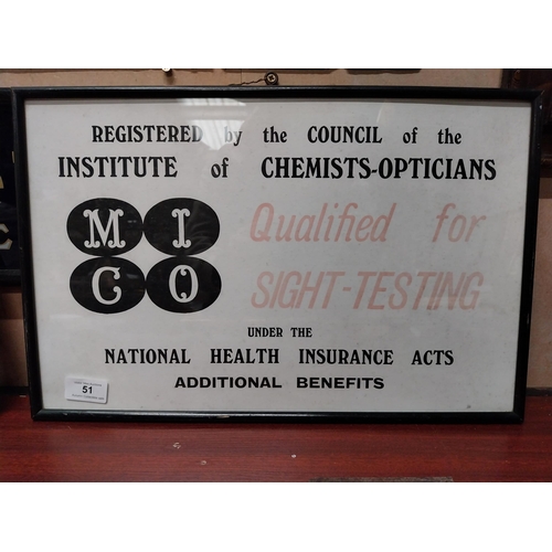 51 - Institute of Chemists/Opticians NHS framed showcard. {29 cm H x 35 cm W}.