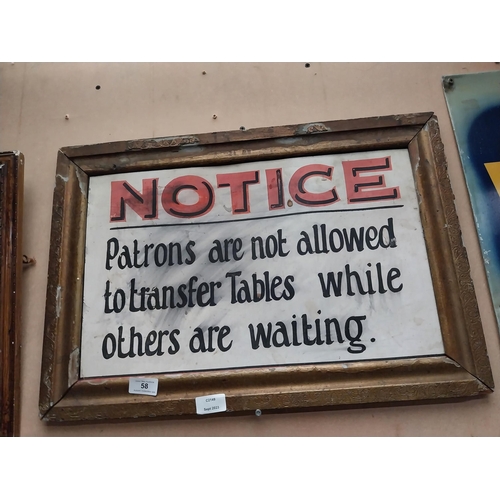 58 - Notice Patrons are not allowed to transfer Tables while others are waiting framed showcard. {41 cm H... 