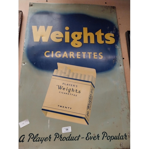 59 - Player's Weights Cigarettes tin plate advertising sign. {74 cm H x 50 cm W}.