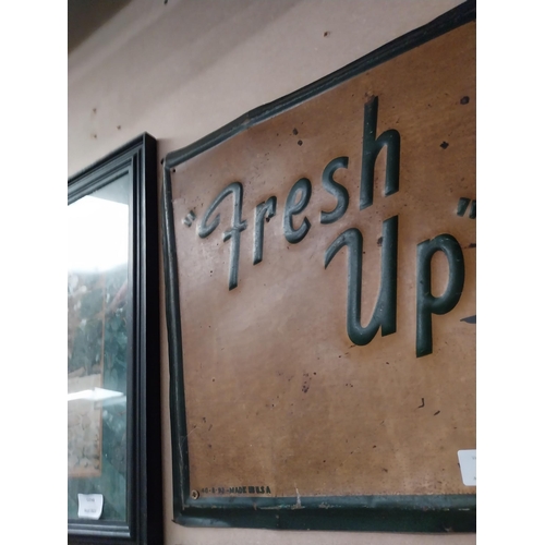 67 - Fresh Up with 7 Up tin plate advertising sign. {49 cm H x 104 cm W}.