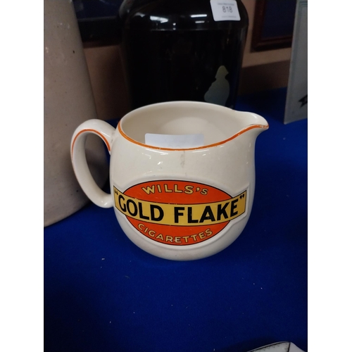 806 - Wills's Gold Flake Cigarettes ceramic advertising water jug. {11 cm H x 16 cm W x 10 cm D}.